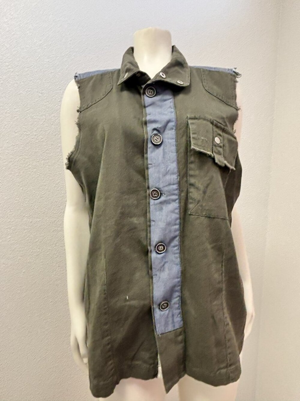Olive Green Utility Vest Top Large Chambray Color Block Raw Edge Boho